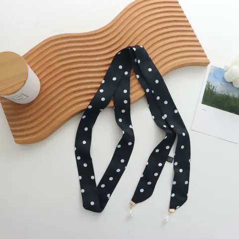 Foulard Ruban en Satin Doux pour Femmes Avec Pendentif Gland Perle Artificielle Style Néo-Chinois Bandeau Cheveux Long Ceinture Imprimé Foulard Mince pour Dames