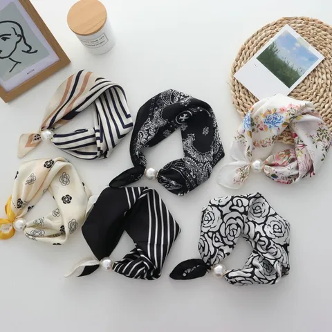 Sciarpa Stretta di Raso alla Moda da Donna Con Chiusura Magnetica a Perla Artificiale Orecchini a Bottone con Stampa Floreale Geometrica a Righe Cravatta da Collo per Camicia Vestito Ufficio Accessori Quotidiani