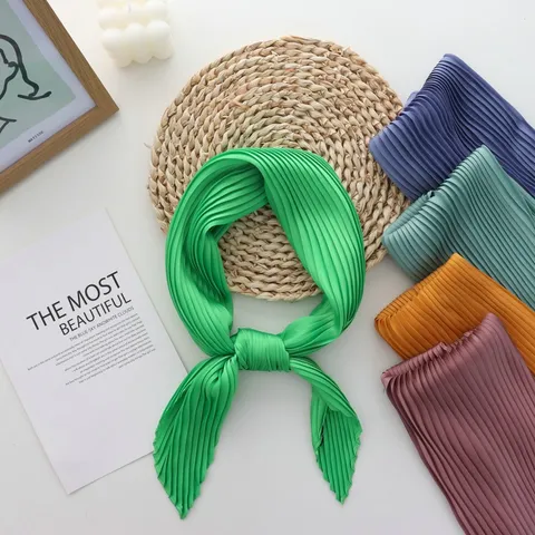 Fashion Plisse Texture Silk-Like Scarf For Women Solid Color Pleated Small Square Neck Kerchief Head Wrap OL Office Styling Accessory