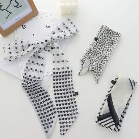 Vintage Polka Dot Floral Polyester Skinny Scarf For Women French Style Ribbon Hair Band Neck Tie With Artificial Pearl Flower