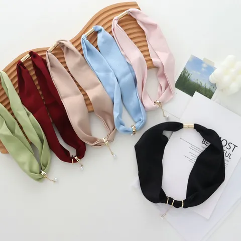 Elegant Polyester Solid Color Thin Neck Scarf For Women Lightweight Summer Silk Feeling Scarf With Magnetic Buckle Artificial Pearl Decor