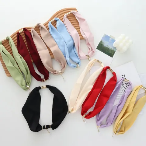 Elegant Polyester Solid Color Thin Neck Scarf For Women Lightweight Summer Silk Feeling Scarf With Magnetic Buckle Artificial Pearl Decor