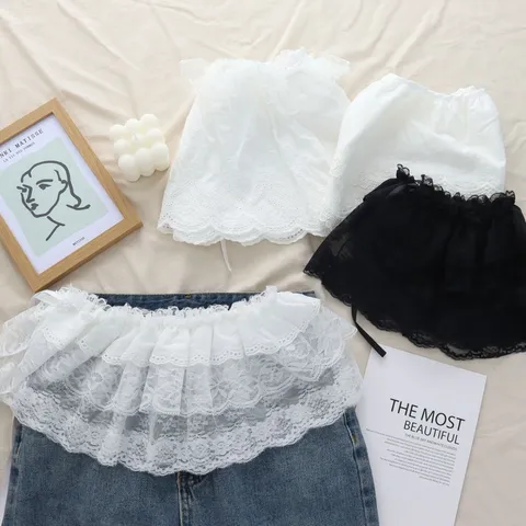 Japanese Sweet Lace Ruffle Trim Mini Skirt Women Elegant Embroidered Hollow Out Tie Layered Apron Skirt Fake Hem Waistband