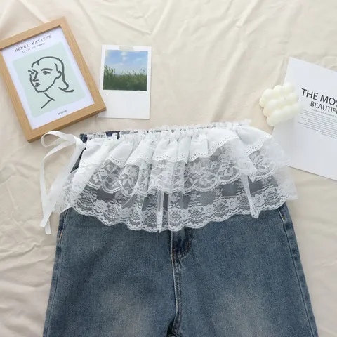 Japanese Sweet Lace Ruffle Trim Mini Skirt Women Elegant Embroidered Hollow Out Tie Layered Apron Skirt Fake Hem Waistband