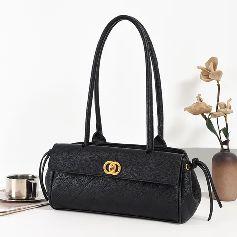 Vintage Quilted Baguette Bag For Women Large Capacity Tote Shoulder Bag With Long Handle Leather Bowling Handbag Everyday Casual Purse