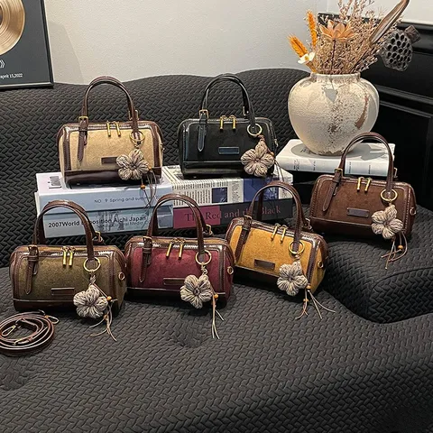 Retro Color Block Boston Bag For Women PU Leather Faux Suede Patchwork Top Handle Bag Commuting Shoulder Crossbody Handbag