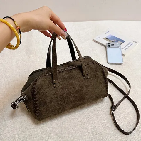 Vintage Matte Wildleder Handtasche Für Damen Große Kapazität Handgewebte Boston Tasche Pendler Umhängetasche Kissentasche
