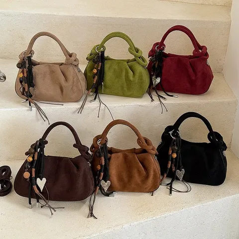 Retro Suede Dumpling Bag Women Niche Pleated Crossbody Shoulder Bag Casual Solid Color Handbag