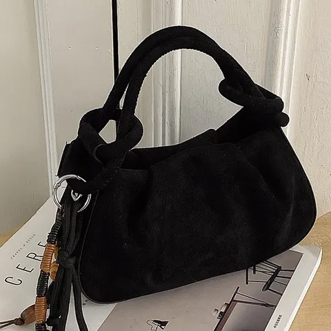 Retro Suede Dumpling Bag Women Niche Pleated Crossbody Shoulder Bag Casual Solid Color Handbag