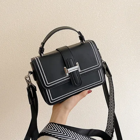Moda Mujer Bolso Bandolera de Cuero PU Tendencia Color Sólido Solapa Bolso Cuadrado Costuras en Contraste Cierre de Metal Correa Ancha
