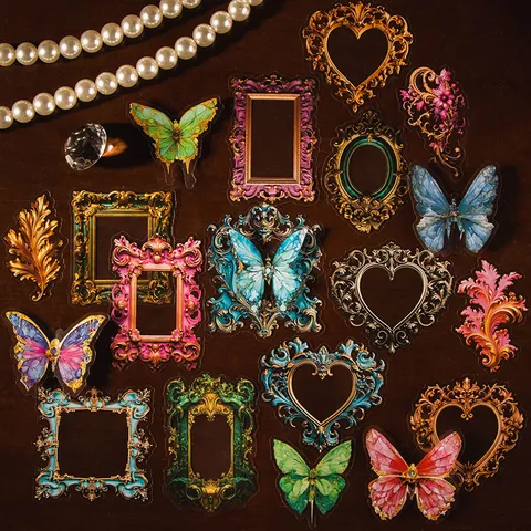 Autocollants Baroque Rétro en PET Autocollants Papillon Bordure Vintage Européenne pour Journal Intime Scrapbooking Étiquette Décorative