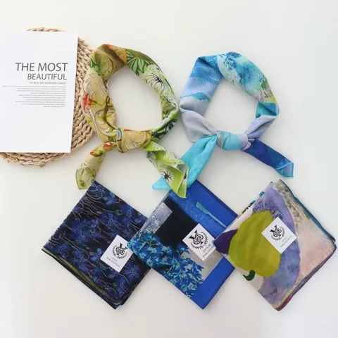 Pastoral Oil Painting Cotton Small Square Scarf Women Floral Print Versatile Decorative Fashion Hair Tie Headband Handkerchief Accessory