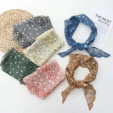 Japanese Retro Floral Lace Triangle Scarf For Women Korean Fashion Literary Small Flower Mesh Headscarf Versatile Hair Scarf