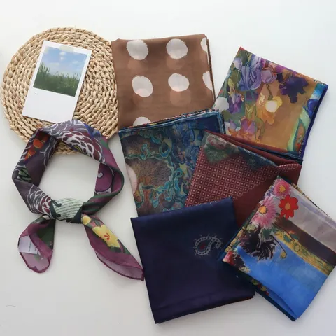 Vintage Oil Painting Polyester Printed Square Scarf For Women Artistic Polka Dot Casual Fashion Neck Scarf Hair Bandana Sun Protection Scarf Gift