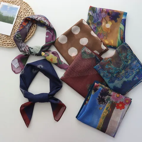 Vintage Oil Painting Polyester Printed Square Scarf For Women Artistic Polka Dot Casual Fashion Neck Scarf Hair Bandana Sun Protection Scarf Gift