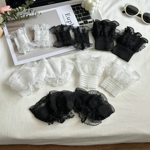 Women Sweet Lace Wrist Cuffs Polyester Ruffle Elastic Fake Sleeves Sun Protection Decorative Wrist Band Chic Accessories