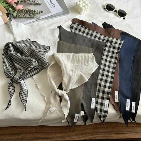 Ramie Triangle Scarf Solid Color Plaid Lightweight Breathable Neck Protection Scarf Fashion Spring Autumn Women Scarf