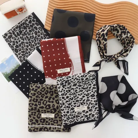 French Retro Polka Dot Leopard Print Cotton Square Scarf Headband For Women Elegant 100 Percent Cotton Decoration Accessories