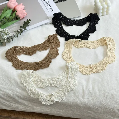 Handmade Crochet False Collar For Women Versatile Solid Color Lace Trim Pearl Detachable Collar Fake Collar Neckwear
