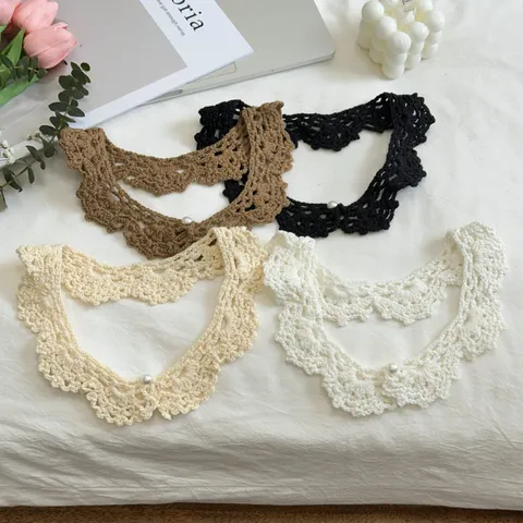 Handmade Crochet False Collar For Women Versatile Solid Color Lace Trim Pearl Detachable Collar Fake Collar Neckwear