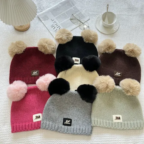 Winter Warm Knitted Beanie Hat With Double Faux Fur Pom Poms Cute Bear Ears Solid Color Skully Cap For Women Men Daily Outdoor