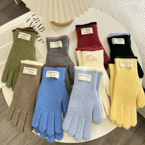 Women Korean Style Knitted Gloves Winter Warm Touchscreen Compatible Full Finger Mittens For Students Outdoor Cycling