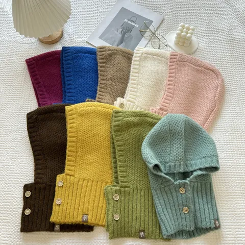 Cagoule Tricotée Chaude d'Hiver Cache-Cou Intégré Bonnet en Laine Pullover Protection des Oreilles Coupe-Vent Coiffe d'Extérieur Femmes