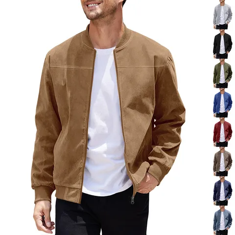 Men Vintage Suede Jacket Stand Collar Full Zip Bomber Jacket Casual Long Sleeve Solid Color Outerwear For Men
