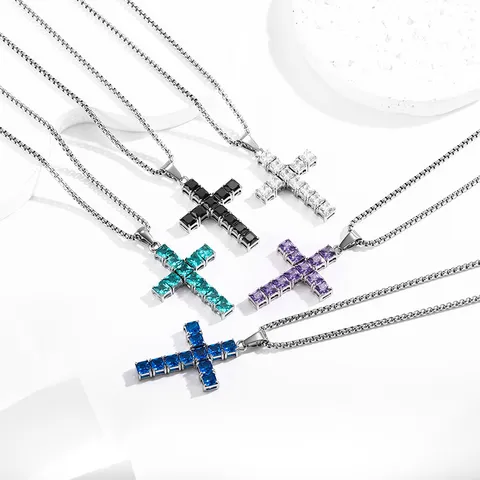 Stainless Steel Cross Pendant Necklace Square Cut Cubic Zirconia Inlaid Box Chain Hip Hop Jewelry For Unisex Fashion Gift