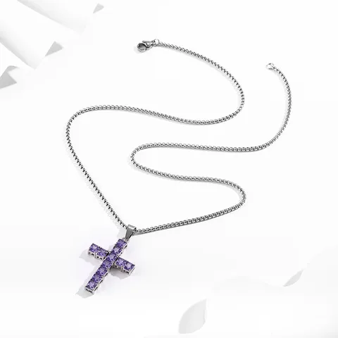 Stainless Steel Cross Pendant Necklace Square Cut Cubic Zirconia Inlaid Box Chain Hip Hop Jewelry For Unisex Fashion Gift