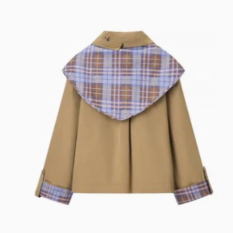 Damen Polyester Jacke Wendbar Karo Patchwork Schal Kragen Bindeband Knopf Britischen Stil Retro Oberbekleidung