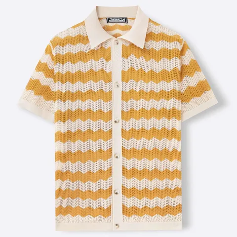 Vintage Men Crochet Hollow Out Knit Polo Shirt Retro Water Ripple Zigzag Pattern Short Sleeve Lapel Button Up Viscose Top