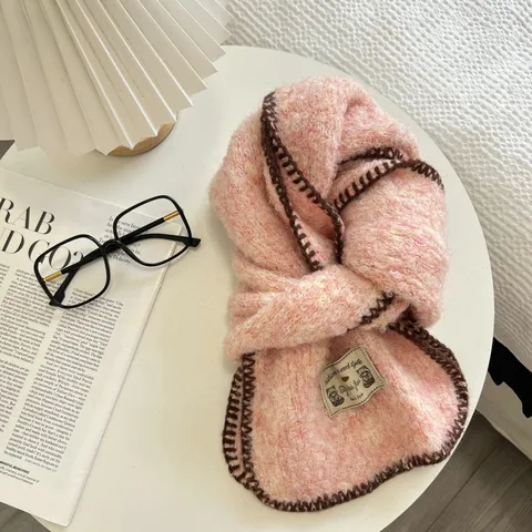 Women Knit Boucle Scarf Solid Color With Contrast Trim Fabric Label Warm Soft Autumn Winter Neck Warmer Shawl Daily Wrap