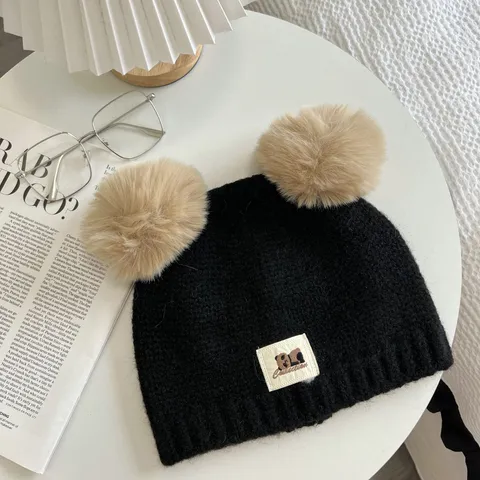 Winter Warm Knitted Beanie Hat With Double Faux Fur Pom Poms Cute Bear Ears Solid Color Skully Cap For Women Men Daily Outdoor