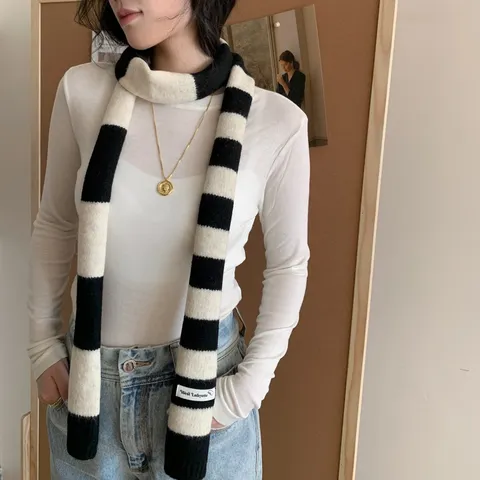Women Y2K Narrow Knitted Scarf Striped Color Block Long Neck Scarf Autumn Winter Skinny Crochet Knit Shawl Warm Accessories