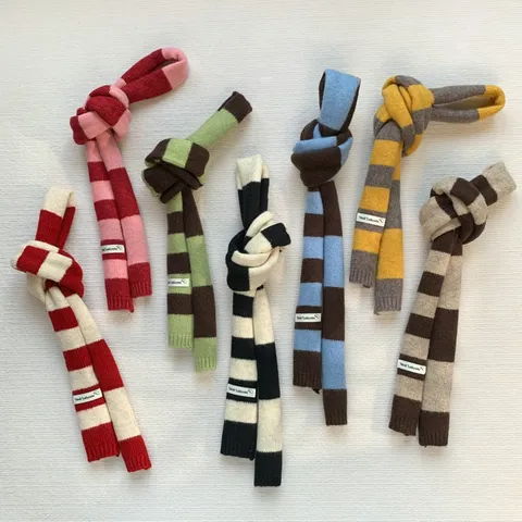 Women Y2K Narrow Knitted Scarf Striped Color Block Long Neck Scarf Autumn Winter Skinny Crochet Knit Shawl Warm Accessories
