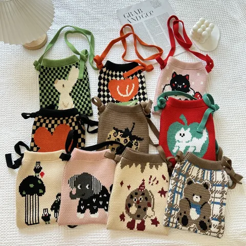 Dames Cartoon Gebreide Schoudertas Polyester Schattig Dier Bloemenpatroon Crossbody Tas Mode Casual Gebreide Draagtas Portemonnee