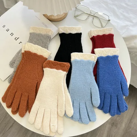 Damen Winter Warme Strickhandschuhe Blumen Spitzenbesatz Touchscreen Fingerhandschuhe Polyester Elegant Kälteschutz Handwärmer