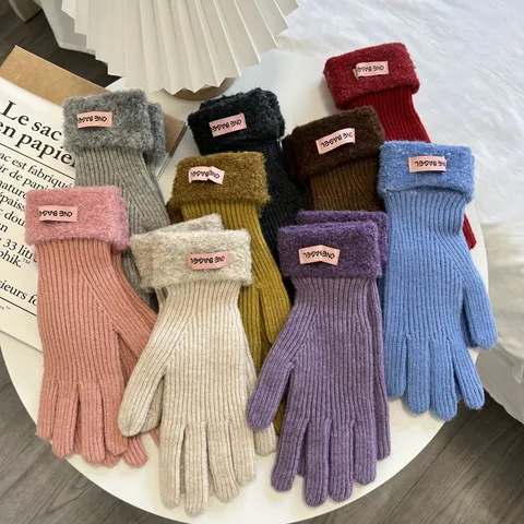 Dames Winter Warme Gebreide Handschoenen Nepbont Omslag Verdikt Winddicht Thermisch Effen Kleur Vingerhandschoenen Outdoor Fietsen Mode