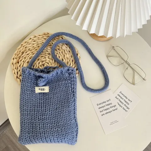 Handgewebte Strick Handytasche Im Koreanischen Stil Mini Egg Label Umhängetasche Handgefertigte Freizeit Häkel Schultertasche Für Damen