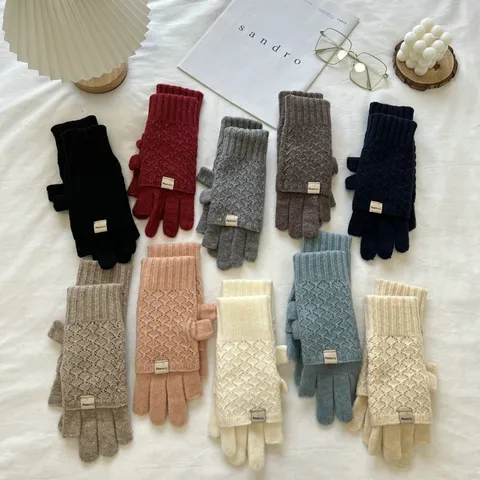 Dames Lange Kabelgebreide Handschoenen Zacht Warm Winddicht Winter Buiten Rijden Vingerloze Flip Top Want Effen Kleur