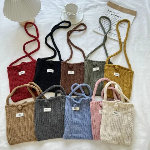 Handgewebte Strick Handytasche Im Koreanischen Stil Mini Egg Label Umhängetasche Handgefertigte Freizeit Häkel Schultertasche Für Damen