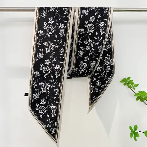 Women's Fashion Long Silk Scarf Elegant Floral Print Ribbon Hairband Bag Ribbon Decorative Neck Scarf