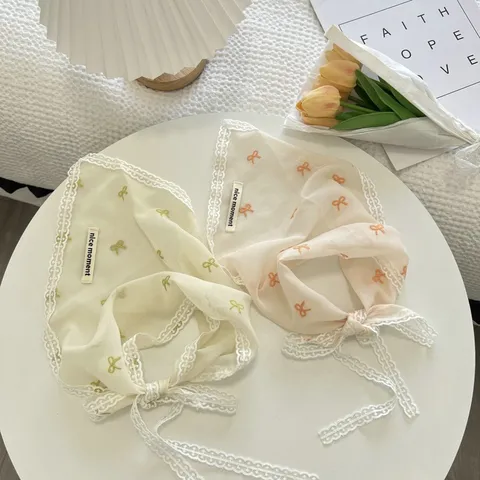 French Vintage Lace Triangle Scarf Floral Leopard Bow Hair Bandana Cute Sweet Head Wrap For Women Fashion Hair Accessories