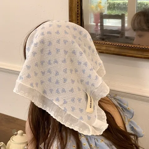 French Vintage Lace Triangle Scarf Floral Leopard Bow Hair Bandana Cute Sweet Head Wrap For Women Fashion Hair Accessories