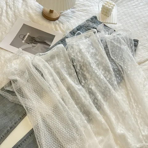 Women Korean Style Sheer Lace Layering Half Skirt Mesh Apron Sequins Straps Casual Fashion Bottoms