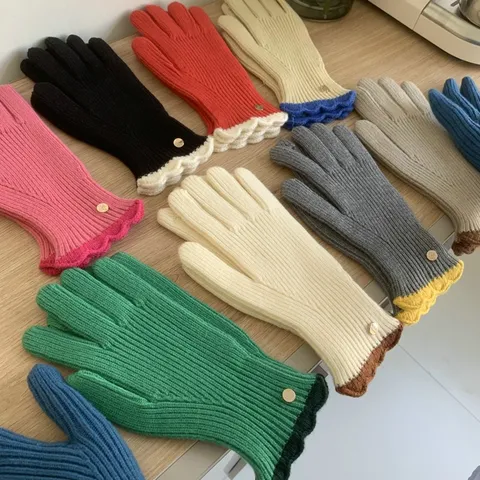 Women Winter Warm Knit Gloves Solid Color Ruffle Elastic Full Finger Cycling Gloves Fashion Cute Ladies Cold Weather Mittens
