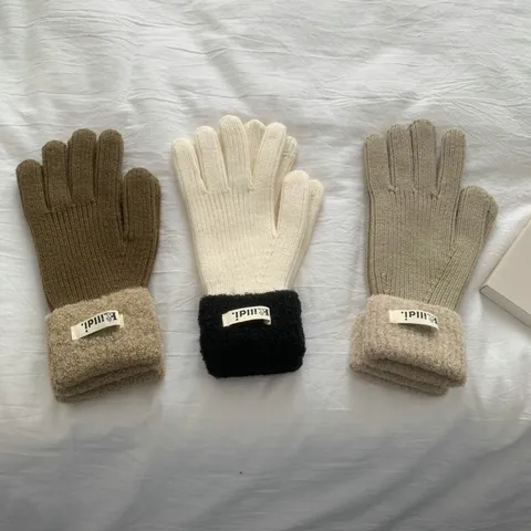 Women Winter Warm Knitted Gloves Solid Color Full Finger Gloves Plush Capped Cuff Cold Weather Gloves
