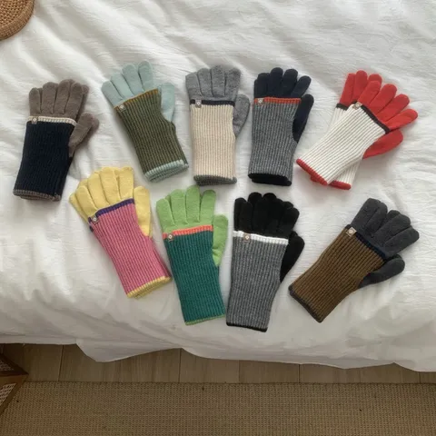 Unisex Color Block Knitted Touch Screen Gloves Winter Warm Long Cuff Cycling Skiing Gloves Fashion Couple Gloves