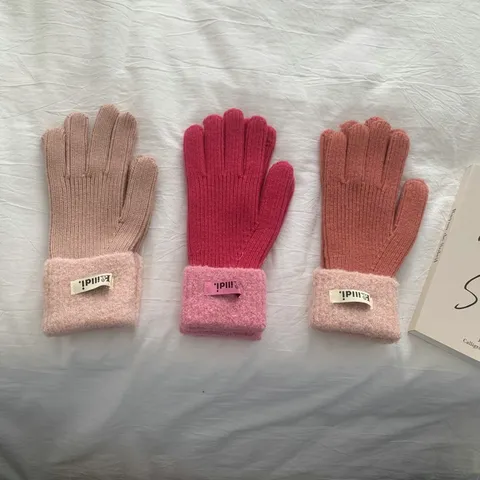 Women Winter Warm Knitted Gloves Solid Color Full Finger Gloves Plush Capped Cuff Cold Weather Gloves